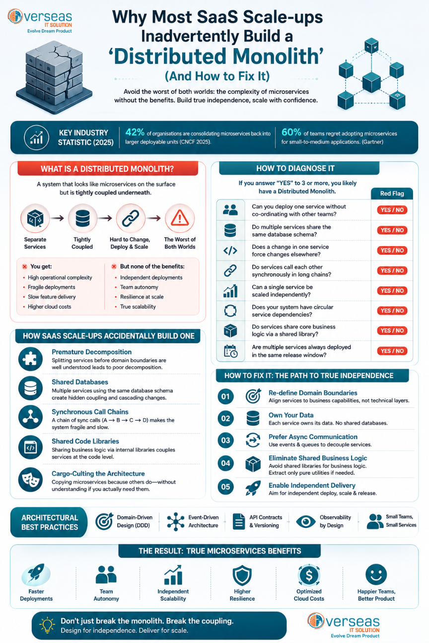 Diagram comparing distributed monolith vs healthy microservices architecture for SaaS